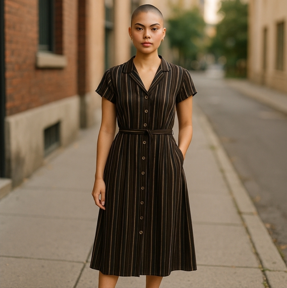 Jolt Navy Striped Button-Down Dress. Tie Belt, scoop neckline,& pockets New - Picture 1 of 12